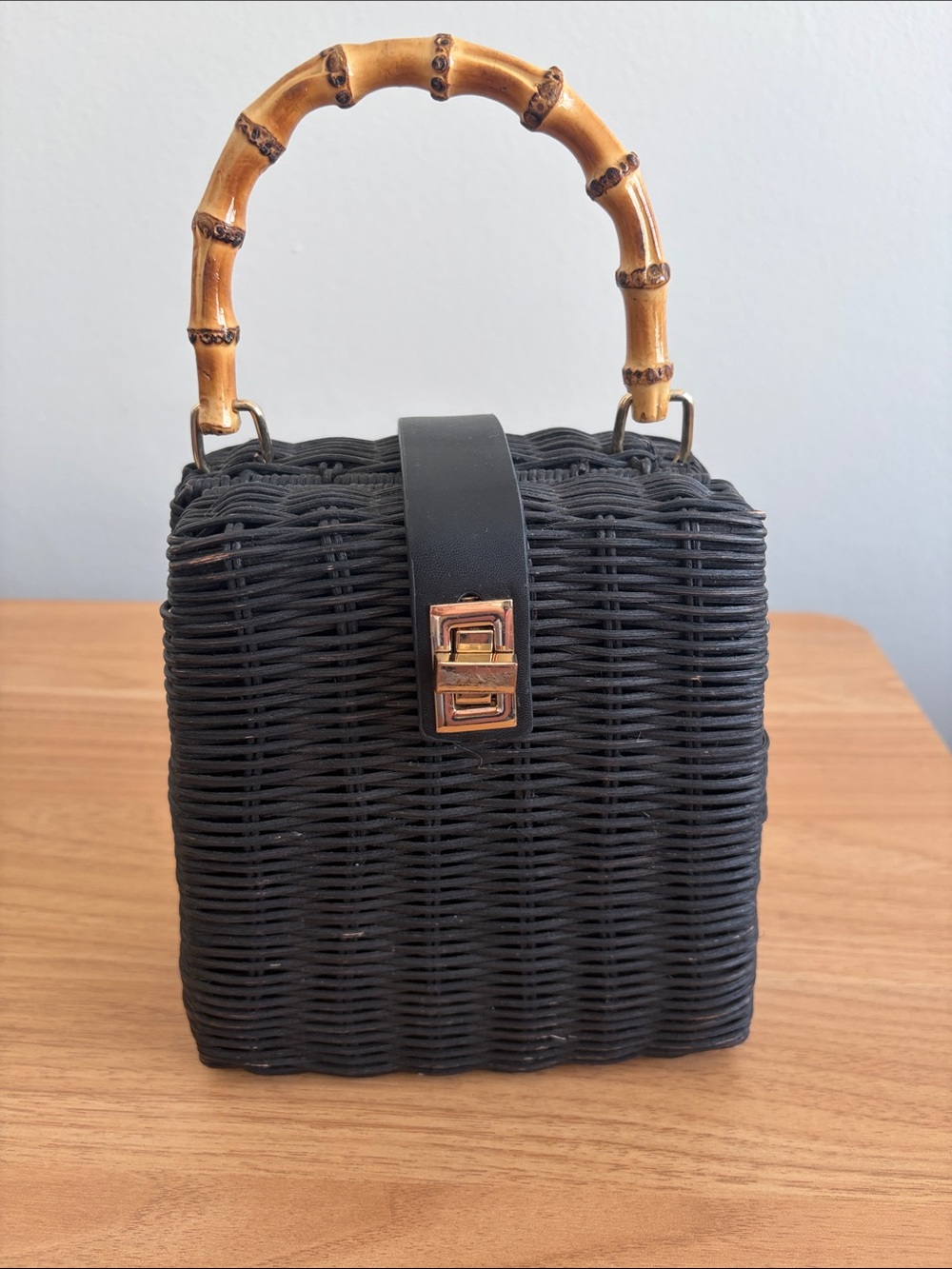 Black Woven Mini Top-Handle Bag with Bamboo Handle